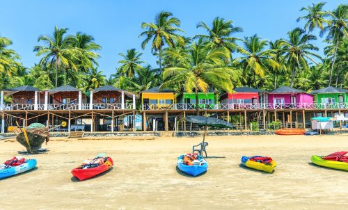 Colorful bungalows on Palolem beach, GOA, India